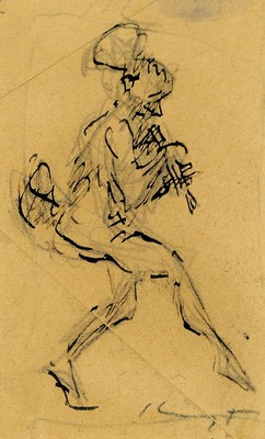 Max Slevogt, 1868 Landshut - 1932 Leinsweiler , 2 Handzeichnungen, ausgelassenes Pärchen, aquarelliert und schreitender Geck/Narr mit Instrument, je ...