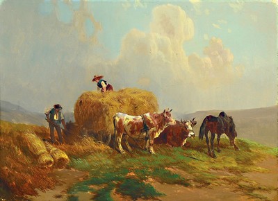 Unbekannter Künstler, Ende 19.Jh, Heuernte, Öl/Lwd, unsigniert, restauriert, 42x58 cm, Rahmen 53x74 cm