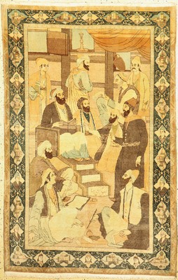 Täbriz"Avicenna beim unterrichten", Persien, um 1950, Korkwolle auf Baumwolle, ca.210 x 137cm, EHZ: 1-2.(Madjlese Abu Ali Sina).