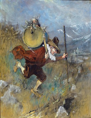 Heinrich Schlitt, 1849 Biebrich am Rhein-1923 München, Auf der Flucht, Musikant in mystischer Landschaft, auf dem Instrument ein Zwerg reitend, Hexe ...