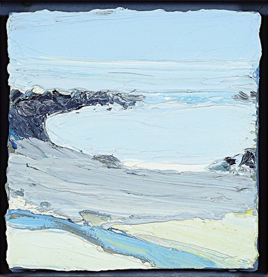 Roger Mühl, 1929 Strassburg-2008 Mougins, Küstenlandschaft, Öl/Lwd, rückseitig sign. und dat. 83, bez.: pour Max, ca. 15x15cm, Rahmen mit ...