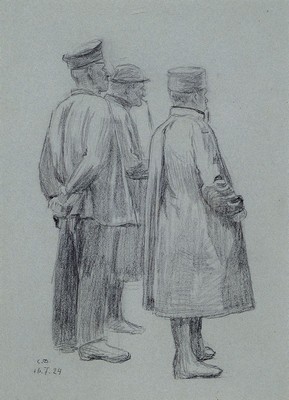 Carl Bantzer, 1857 Ziegenhain-1941 Marburg, Bleistiftzeichnung auf grauem Papier, 3 Herren in Rückansicht, links unten monogrammiert und datiert ...