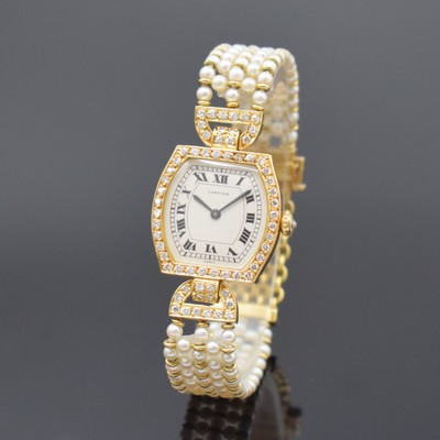 CARTIER sehr seltene und ausgefallene Damenarmbanduhr in GG 750/000 mit Perlenband und Diamanten, Schweiz um 1985, Handaufzug, 2-teil. Gehäuse, ...