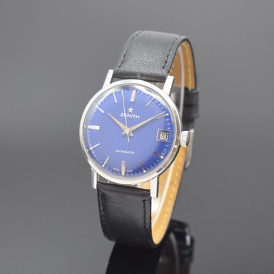 ZENITH Sporto Armbanduhr in Stahl, Schweiz um 1960, Automatik, Boden verschr., blaues Zifferbl. m. aufgel. Indizes rest., silb. ...