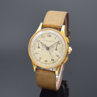 BAUME & MERCIER Armbandchronograph, Schweiz um 1945, Handaufzug, 3-tlg. Geh., Stahlboden aufgedr., silb. Zifferbl. fl./pat., arab. Leuchtzahlen, ...