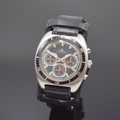 DUGENA sportlicher Herrenchronograph in Stahl, Schweiz um 1970, Handaufzug, verschr. Geh., schwarze Drehlunette m. 60er-Tlg., matt-schwarz. ...