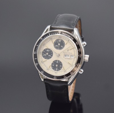 FESTINA Armbandchronograph in Stahl, Schweiz um 1995, Automatik, pol. Geh., Boden u. Krone verschr., schwarze Tachymeter-Lünette, silb. Zifferbl., ...