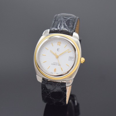 CERRUTI Armbanduhr, Automatik, Schweiz um 1995, Stahlgeh. m. verg. Riffel-Lünette, Boden verschr., orig. Lederband, weißes Zifferbl. m. gold. ...