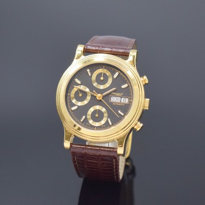 REGENT Armbandchronograph, Automatik, Schweiz um 1990, verg. Geh., Edelstahlboden aufgedr., schwarzes Zifferbl. m. gold. Indizes, Tag und Datum bei ...
