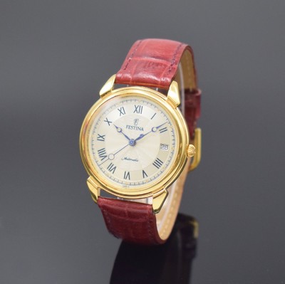 FESTINA Armbanduhr, Automatik, Schweiz um 1990, verg. Geh. beids. vergl., Boden aufgedr., silb. Strukturzifferbl. m. röm. Zahlen, Datum bei 3, verg. ...