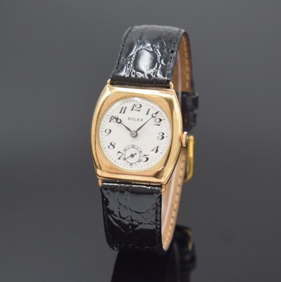 ROLEX Armbanduhr in RG 375/000 Referenz 1017, Schweiz um 1930, Handaufzug, Boden m. Gravur aufgedr., silb. guill. Zifferbl. m. arab. Zahlen, gebl. ...