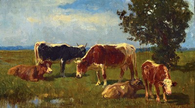 Paul Weber, 1823 Darmstadt-1916 München, Kuhherde auf der Weide, Öl/Malkarton, rechts unten signiert, ca. 20 x 34.5 cm, Prunkrahmen 33x47 cm ...