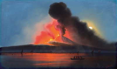 Conte Antonio Maria Coppola, 1839 Neapel - 1923, nächtlicher Blick auf den ausbrechenden Vesuv, Bucht von Neapel mit Vollmond hinter großer ...