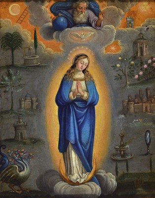 Andachtsbild, wohl süddeutsch, 18. Jh., Mondsichelmadonna bzw. Apokalyptisches Weib, attributtiert durch siebenköpfigen Drachen und weitere ...