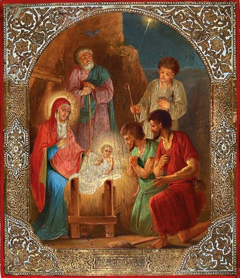 Ikone, Zentralrussland, um 1880,, Geburt Christi, das Jesuskind liegt in einer Futterkrippe, daneben Mutter Gottes, Hl. Joseph und Hirten, kleine ...