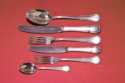 Menuebesteck, deutsch, WMF, 800er Silber, Dekor Barock, 6 Messer, 12 Gabeln, 12 Löffel, 12 Vorspeisenmesser, 12 Vorspeisenlöffel, 12 ...