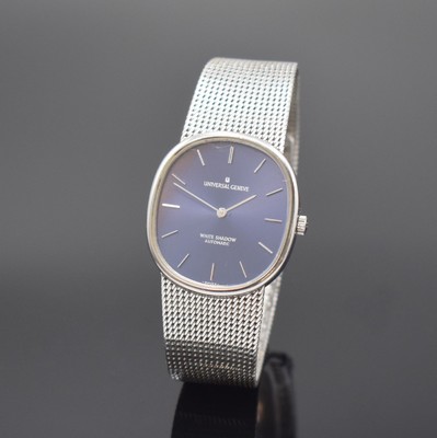UNIVERSAL GENEVE White Shadow Armbanduhr Referenz 866051, Schweiz um 1985, Automatik, Edelstahlgeh. inkl. Meshband, Boden aufgedr., blaues Zifferbl. ...