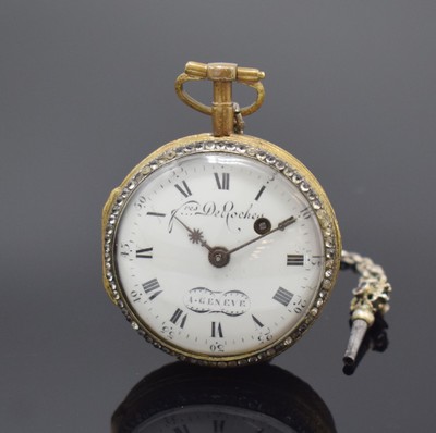 DEROCHES vergoldete, emaillierte Spindeltaschenuhr mit Schlüssel, Schweiz um 1790, seitl. graviertes Geh. m. großem Außenscharnier, Lünette m. ...