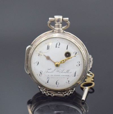 TUAL SCHALLER silberne Spindeltaschenuhr, Schweiz um 1820, glattes Geh. m. großem Außenscharnier dell., sign. Emailzifferbl. besch., Zeiger teilw. ...