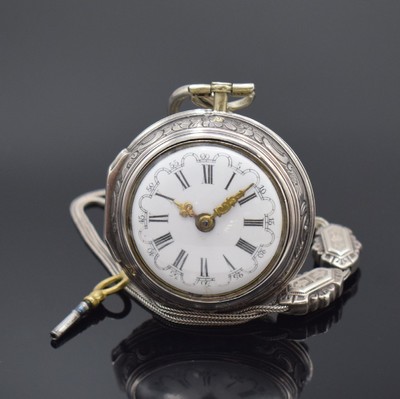 Thos. GOULD London Repousse-Spindeltaschenuhr in Silber mit Kette, England um 1750, glattes Innengeh., Repousse-Übergeh. m. allegorischer Szene, ...