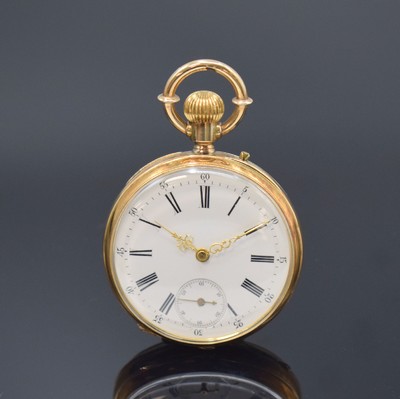 Offene Herrentaschenuhr in GG 585/000, Schweiz um 1890, guill. Geh. dell., verg. Cuv., Emailzifferbl. m. röm. Zahlen, Zeiger später, ...