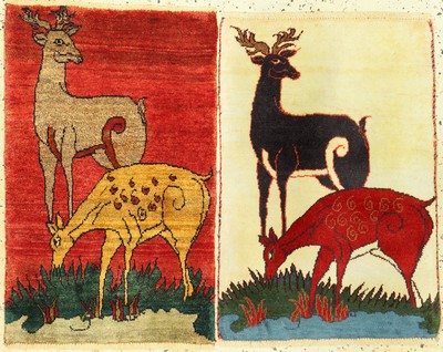 2 Lots Gabbeh alt, Persien, ca. 60 Jahre, Wolle auf Wolle, ca. 84 x 53 cm, EHZ: 2