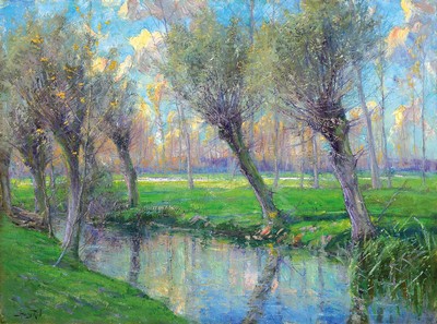 Henry Rul, 1862 Antwerpen-1942 Viersel/Belgien, Vertreter des belgischen Luminusmus, Kopfweiden am Bach, im Hintergrund spätherbstlicher Wald, ...