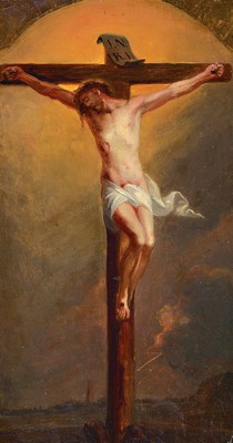 Heiligenbild, 2. Hälfte 19. Jahrhundert, Christus am Kreuz, blattvergoldeter Rundbogenabschluss, unsigniert, ca. ca. 40 x 22 cm, breiter vergoldeter ...