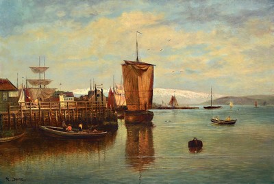 Robert Danz, 1841 Oberweißbach-1916 Bad Kreuznach, Studium an der Akademie Weimar, hier: Hafenansicht mit Bergen im Hintergrund, Öl/Lwd, rest., ...