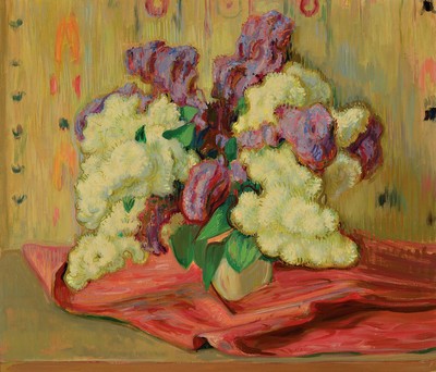 Hermann Croissant, 1897-1963 Landau, Stillleben mit weißem und violettem Flieder, Öl/Hartfaserplatte, unsigniert, rückseitig mit Nachlaßstempel, ...