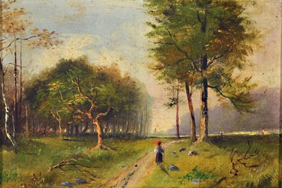 Unbekannter Künstler, wohl Niederlande, um 1900, Frau auf einem Feldweg, Öl/Malkarton, ca. 13.5x19cm, R.