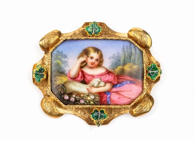 14 kt Gold Brosche mit Porzellanmalerei, um 1880, GG 585/000 gepr., oktogonale Porzellanplatte mit sehr feiner und lieblicherMalerei, Darstellung ...