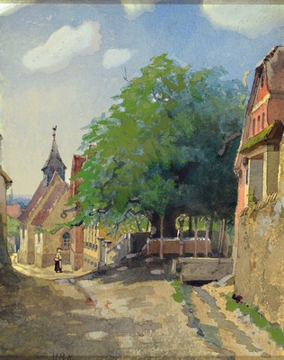 Heinrich Reinhard Kröh, 1841-1941 Darmstadt,Aquarell, Dorfkirche in Seeheim-Malchen, linksunten monogrammiert H.R.K., ca. 31x25 cm, unter Glas ...