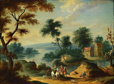 Unbekannter Künstler des 18.Jh., Flusslandschaft mit Figurenstaffage, Reitergruppe, rechtes Drittel mit Ausblick auf zwei Häuser, Öl/Holzplatte, ...