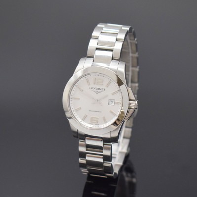 LONGINES Conquest Damenarmbanduhr in Stahl Referenz L3.277.4, Schweiz um 2010, quarz, Boden u. Krone verschr., orig. Gliederband m. dopp. Faltschl., ...