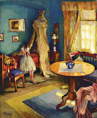 Wilhelm Hempfing, 1886 Schönau-1948 Karlsruhe , Interieur mit jungen Mädchen bei der Morgentoilette, von rechts einfallendes Licht der Morgensonne, ...