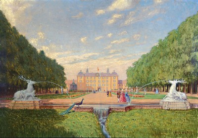 Alex Kircher, Künstler des 20.Jh., Blick entlang des Schlossgarten auf das Schloss Schwetzingen, historisierende Darstellung mit Personen des ...