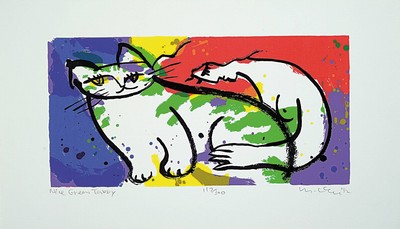 Michael Leu, geb. 1951 Taiwan, Nice green Tabby, Farbsiebdruck, handsigniert, num. 117/300, betitelt, ca. 18x35cm, Blattgr. ca. 27.5x47.5cm