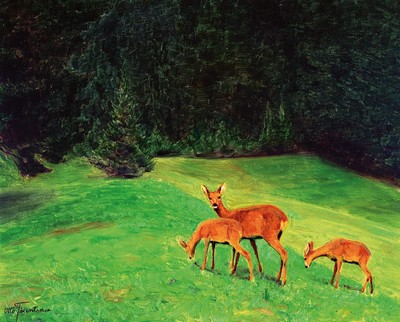 Otto Fikentscher, 1862 Zwickau-1945 Baden- Baden, Rehe auf Waldlichtung, links unten signiert, Öl/Holzplatte, 50x60 cm, Rahmen 57x68 cm; Tiermaler, ...