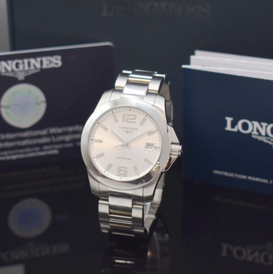 LONGINES Conquest Damenarmbanduhr in Stahl, Schweiz verk. lt. beil. Pap. 08/2023, quarz, Ref. L3.277.4, Boden u. Krone verschr., orig. Gliederband m. ...
