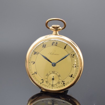 SOLEURE offene Taschenuhr in GG 585/000, Schweiz um 1940, gold. Duoton-Zifferblatt m. arab. Zahlen, gebl. Zeiger, verg. Cuvette m. Widmung, silb. ...