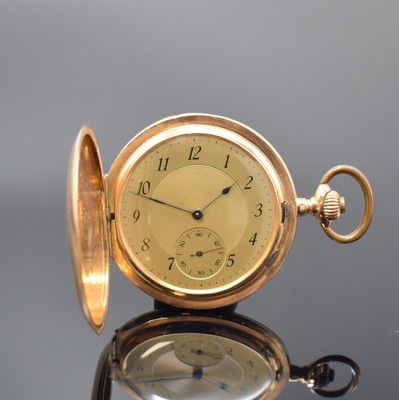 MONOPOL Dürrstein & Co. Savonette in RoseG 585/000, Deutschland um 1900, 2-Deckel Goldgeh. dell., beide Schalen guill., Sprungdeckel mit Monogramm, ...