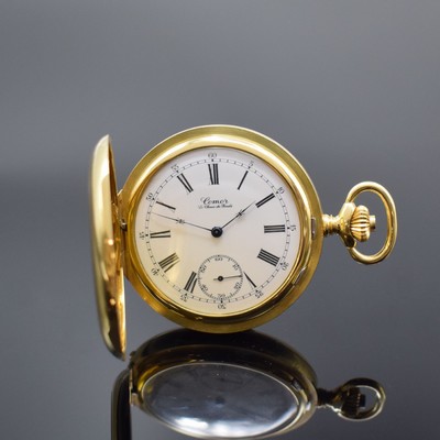 COMOR La Chaux-de-Fonds schwere Savonette in GG 750/000, Schweiz, Werk um 1900, Gehäuse um 1990, 2-Deckel Goldgeh., Emailzifferbl. m. röm. Zahlen, ...