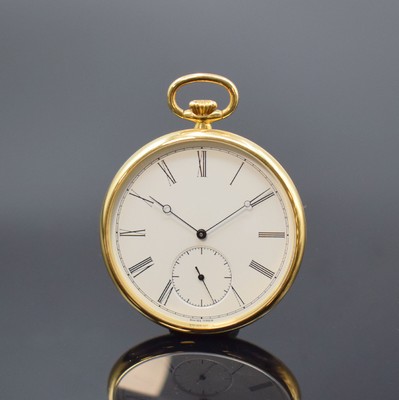 Offene Taschenuhr mit Kaliber IWC 952 in GG 750/000, Schweiz um 1985, 3-teil. Gehäuse, Boden u. Glasrand aufgedr., weißes Zifferbl. m. röm. ...