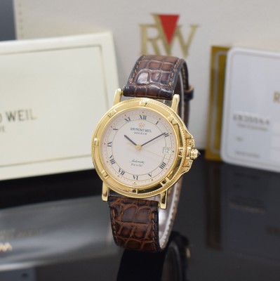 RAYMOND WEIL Parsifal Herrenarmbanduhr in GG 750/000, Schweiz um 1995, Automatik, beids. vergl. Gehäuse, Boden 6-fach verschr., Lederband m. verg. ...