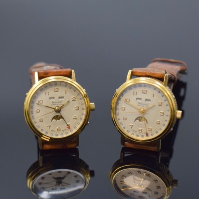 BENEDICT Super De Luxe 2 Herrenarmbanduhren mit Vollkalender inklusive Mondphase, Schweiz um 1990, Handaufzug, verg. Geh., Münzränder, beids. ...