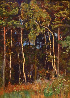 M. Frey (?), datiert 1919, Waldinterieur, warmrotes Kolorit des Sonnenuntergangs erzeugtharmonisches Bildgefüge, links unten unleserlich signiert ...