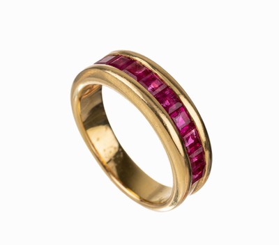 18 kt Gold Rubin-Ring, GG 750/000, 10 RubinCarrees zus. ca. 1.0 ct, RW 55, ca. 7.0 g