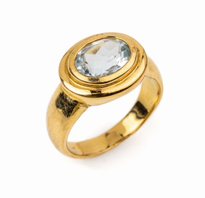 18 kt Gold Aquamarin Ring, GG 750/000, ovalfacett. Aquamarin ca. 2.00 ct, RW 52, ca. 7.6 g