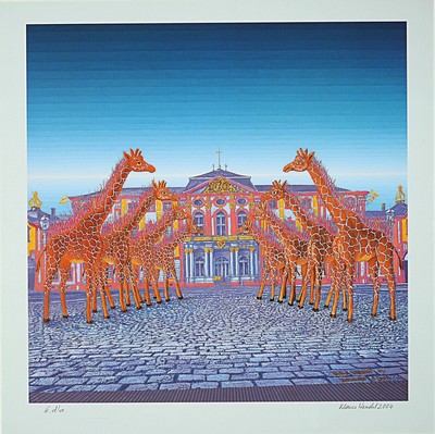 Klaus Wendel, 1935 - 2005, STudium an der Akademie Karlsruhe bei Karl Hubbuch, hier: HOmmage a Dali von 2004, brennende Giraffen vor BRuchsaler ...